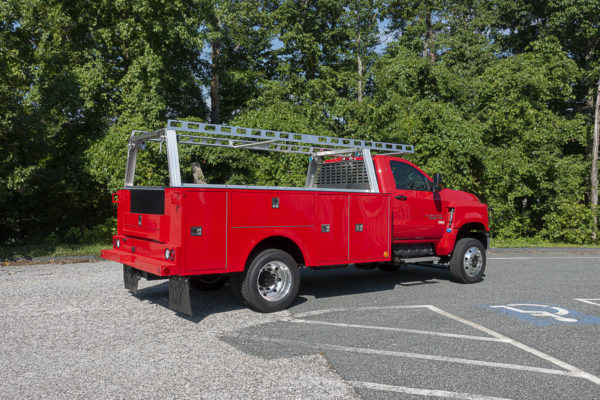 11' Warner Service Body with System One Ladder Rack and a Intercon-Fabricated Cab Guard installed on Chevrolet 5500